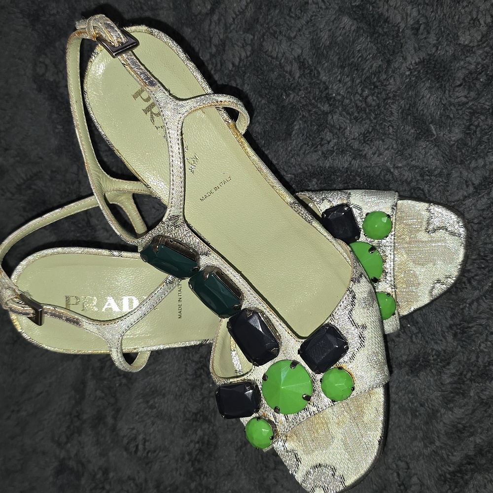 Prada Womens Green & Black Embellished Sandals Vero Cuoio Size 36 1/2 (Elena #1)
